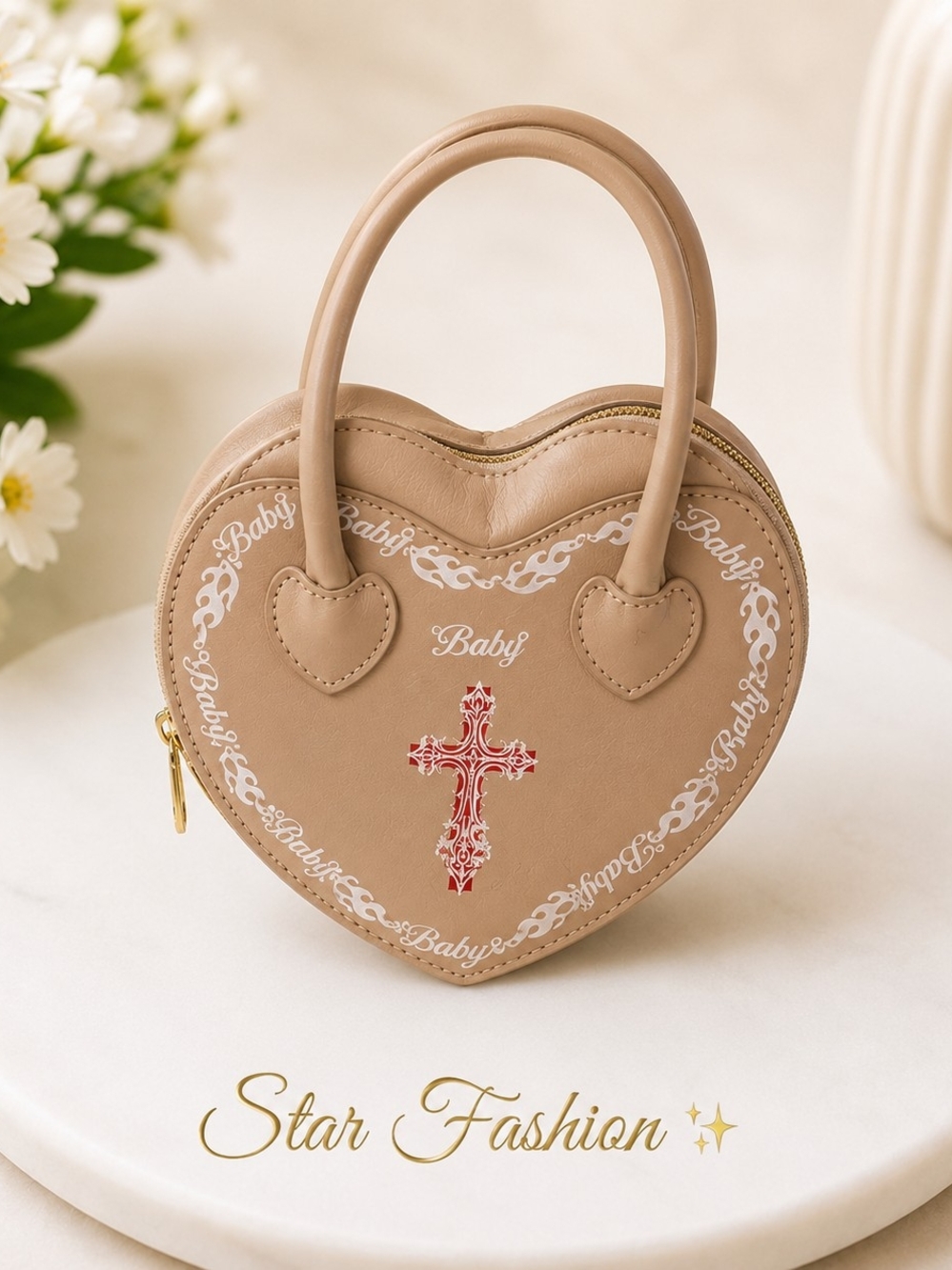Baby Heart-Shaped Cross Tote Bag in Beige